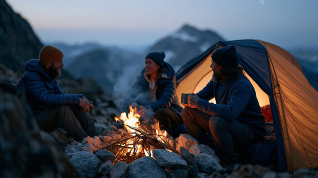 Wild campers around a small twig fire in a stone ring above the treeline, steam rising from tin mugs, three friends layered in base-layer fleece under stars, backcountry camping social bonding remot
