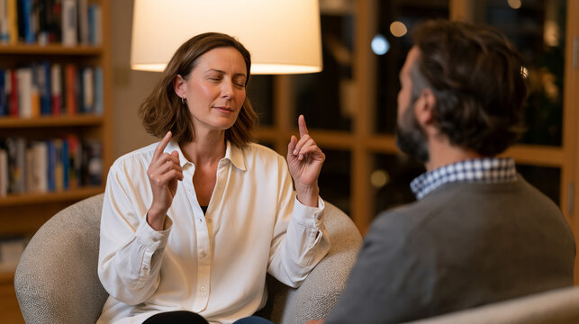 Female psychologist in a calm therapy office guiding a male client whose eyes move horizontally following her raised fingers, both seated facing each other in low upholstered chairs, EMDR session in