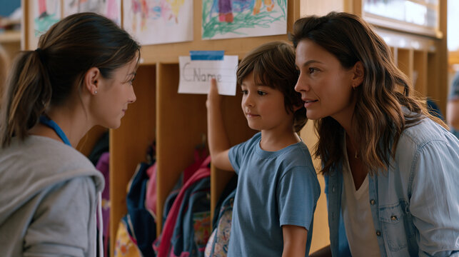 First grader pressing a handmade name tag onto a classroom cubby, teacher crouching beside to help, cubbies lined with tiny backpacks and lunch bags, crayon drawings taped to the wall above, a bustl