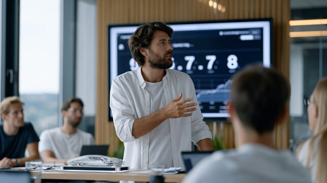 Founder checking a whiteboard countdown displaying seven remaining launch days, gesturing toward a product prototype on a center table surrounded by engineers and a lone marketing lead .ultra photor