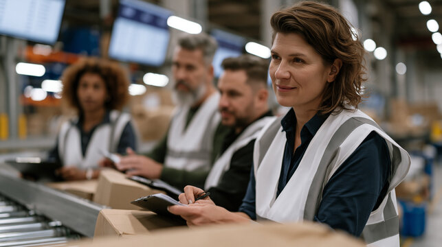 Multicultural warehouse leadership team doing a gemba walk through a packaging line, each manager observing a different workstation, clipboards recording throughput observations, production metrics 