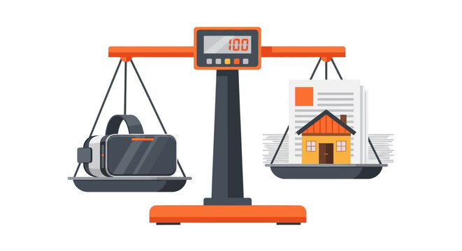 Virtual Reality vs Traditional Real Estate Concept Illustration: VR Headset and House Icon Balanced on Weight Scales for Proptech, Virtual Tours and Digital Property Value