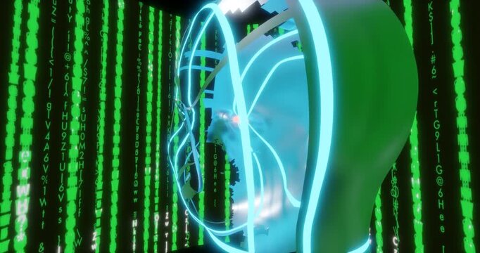 Sci Fi android face in virtual cyber space environment render 3D animation artificial intelligence arc shot film Cyberpunk digital code animation arc shot film simulation 
