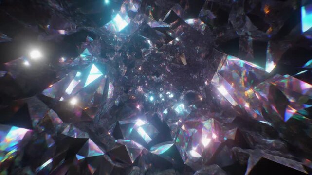 Glowing purple amethyst geode crystal cluster with faceted surfaces. Iridescent rainbow reflections on translucent mineral formations. High resolution macro footage for science and wellness content.