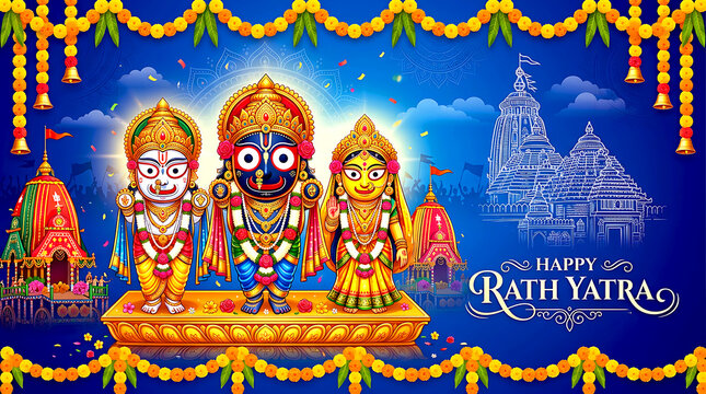 Happy rath yatra festival celebration with lord jagannath, balabhadra and subhadra