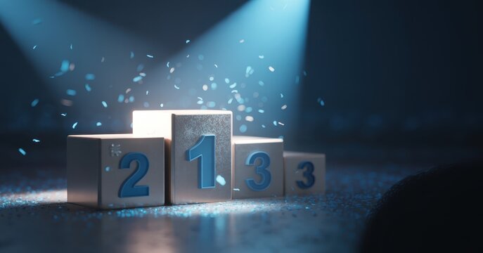 Winners podium showing number one position with confetti on dark background.