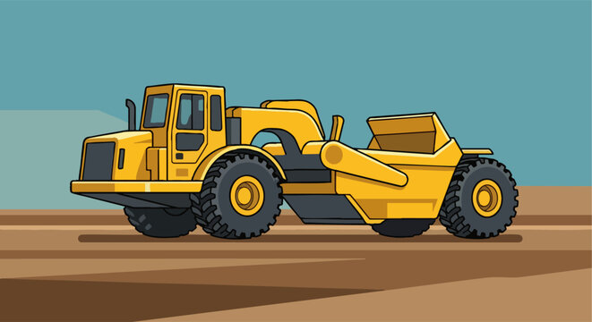 Yellow construction wheel tractor-scraper flat illustration