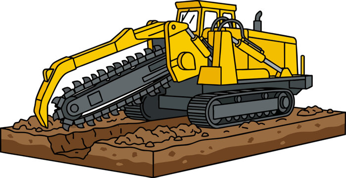Yellow industrial chain trencher digging a trench illustration
