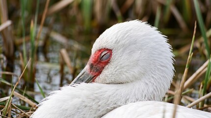 Obraz premium a white crane sleeps with its beak tucked into its feathers by a marsh. It evokes a delicate, elegant sense of peaceful rest.