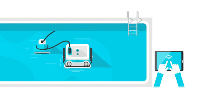 Robotic Swimming Pool Cleaner Managed by Smart Tablet App Illustration, Automation and Modern Maintenance Technology Concept