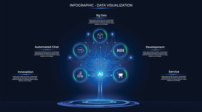 Futuristic blue infographic featuring a tree-like diagram, crafted from circuitboard, with five buttons and an illuminated background&mdash;ideal for Big Data, AI, and Fintech. Clean, modern, and high-tech.