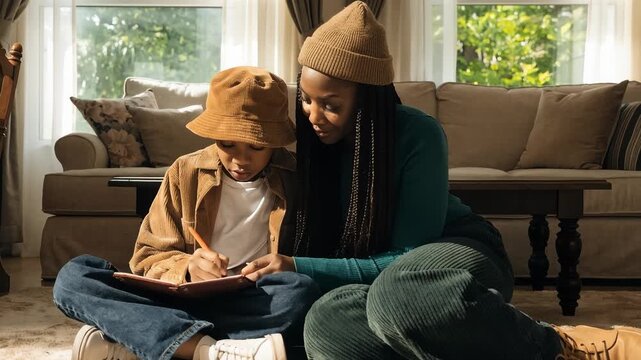 A supportive mother assists her young son with schoolwork on a cozy living room rug. Their close bond is evident as they engage in a productive learning activity together at home.