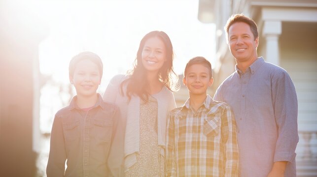Happy family of four enjoying a sunny moment together. Parents and sons smiling, celebrating family life and togetherness