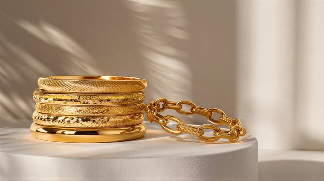 Luxury gold bangles and chain necklace on white podium copy space
