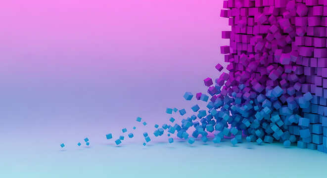 Abstract wall of purple cubes disintegrating into blue particles with abstract disintegration particles background geometric colorful transformation dissolve artistic gradient structure