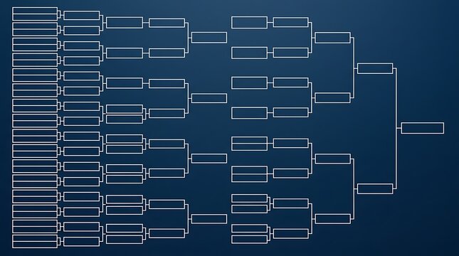 Blank tournament bracket template for 64 teams on a blue background