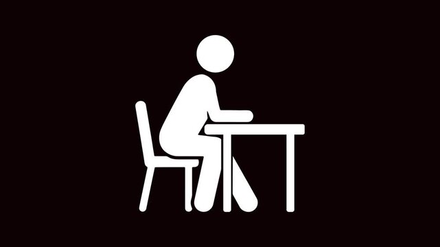stickman student raising hand at desk animation on green screen, classroom question and answer icon with chroma key video overlay, education learning motion graphic with student at school desk