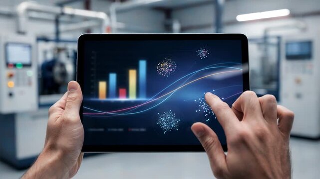 Medium shot of a tablet displaying an AIdriven process optimization dashboard with predictive yield metrics and realtime anomaly alerts in a modern industrial setting