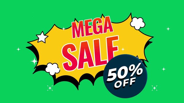 Mega sale promotional animation featuring a bright yellow comic style speech bubble with bold red typography and a fifty percent off discount badge for modern digital marketing video motion clips