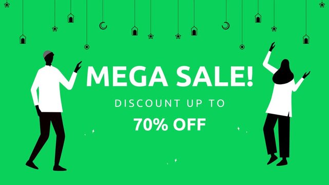 mega sale 70 percent discount animation with shopping people, retail promotion banner with shoppers and festive lights, discount sale motion graphic for ecommerce advertising