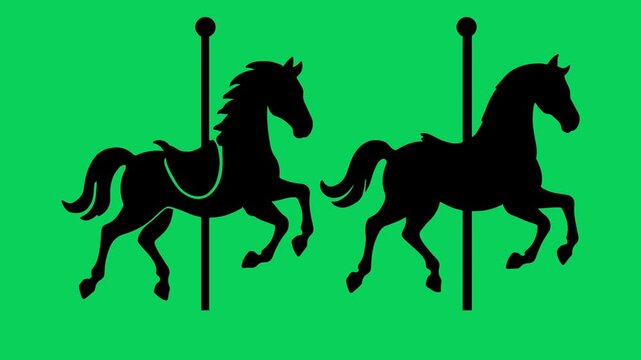 carousel horse animation on green screen background, merry go round horse icon with chroma key video overlay, amusement park ride motion graphic for carnival content