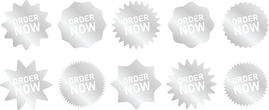 Silver metallic Order Now badge set with starburst and seal shapes. Shiny promotional label collection for retail, ecommerce, and marketing use. Elegant embossed button design ideal for web, print