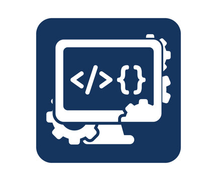 Code editor icon with coding symbols on dark blue background