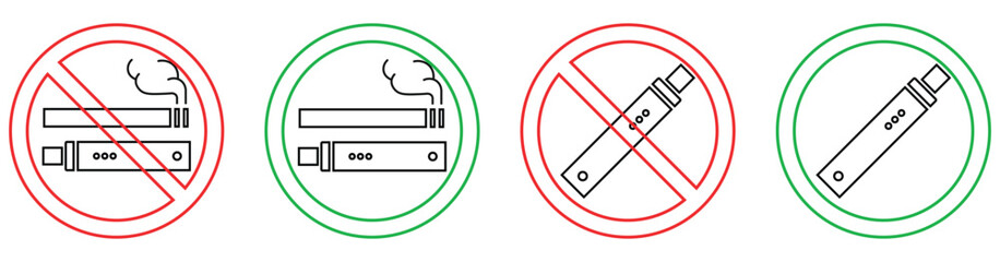 No smoking and no vaping prohibition sign set in red and green outline. Cigarette and electronic cigarette banned icons for public and workplace use. Clean circular warning symbols ideal for signage a © IT park