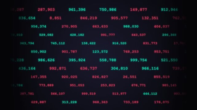 Digital display showcasing rows and columns of glowing cyan and magenta numbers representing financial data and abstract technology concepts on a dark grid pattern suggesting analytics and