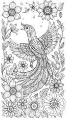 Fototapeta premium A detailed line drawing of a bird surrounded by flowers and leaves