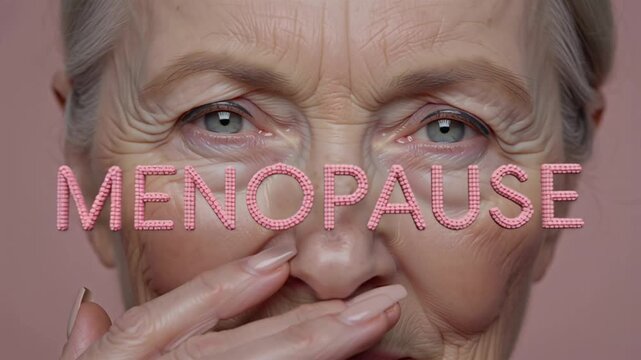 An elderly woman holds text menopause near her face