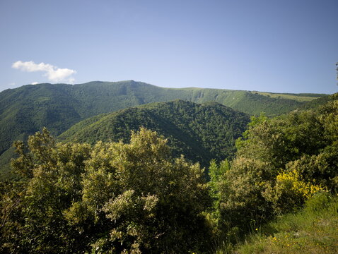 montagne verdi ricoperte da vegetazione fitta, con pendii ripidi e cielo limpido. Atmosfera naturale, ampia e luminosa