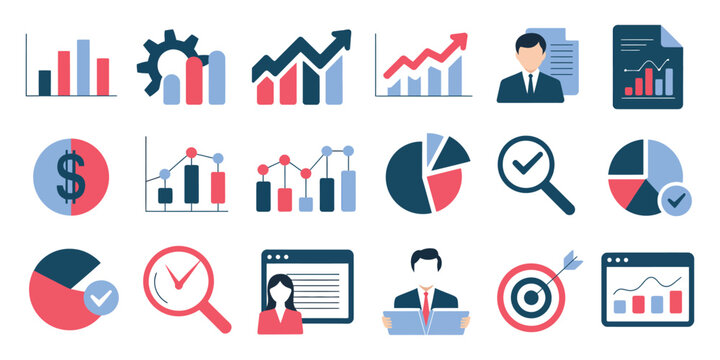 Graph and chart icon set bundle, business data analysis graphs, statistics report diagram vector illustration, simple flat colored design.