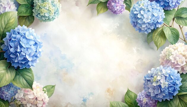 アジサイの花をあしらった水彩風のフレーム素材
