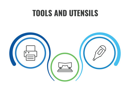 tools and utensils outline icon set. thin line print button, body thermometer, hole puncher icons. editable vector