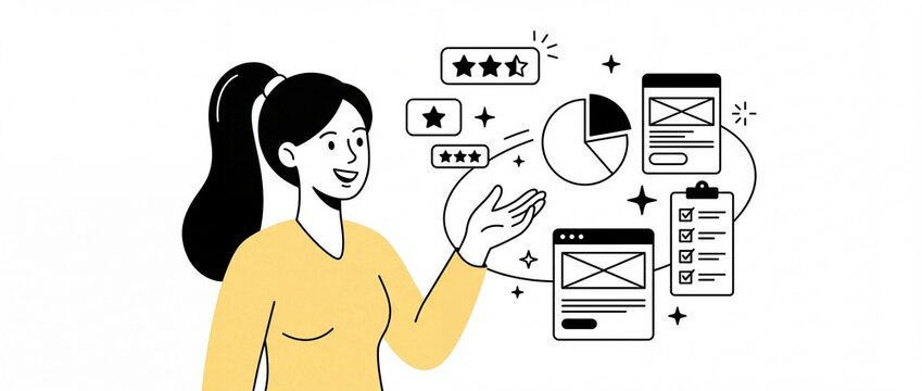 Woman UX designer analyzing product feedback with rating stars, pie chart data, website wireframes, checklist vector illustration. Professional web development, analytics dashboard, interfaces design.