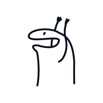 Hand drawn doodle of a simplistic character expressing excitement with raised arms.
