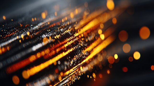 Dynamic streaks of glowing digital information flow across a dark background with warm bokeh effects.