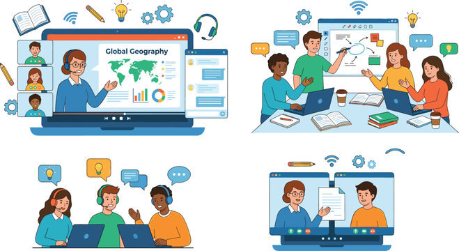 Online learning geography class set vector illustration featuring remote school student group collaborating with laptops and video conference