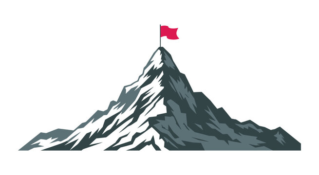 Mountain peak with flag vector graphic featuring success achievement symbolism, summit milestone concepts, adventure exploration elements, and inspirational design illustrations