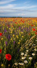 Obraz premium Vast field of vibrant red poppies, yellow buttercups, purple blossoms, and white daisies under blue sky