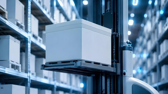 Automated Warehouse Robot Carrying Package in Smart Logistics Fulfillment Center Environment