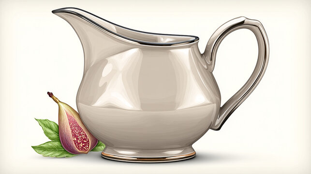 Elegant beige ceramic creamer pitcher with fresh fig and green leaves, tableware