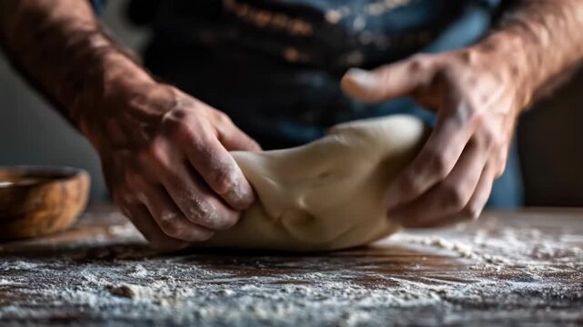Close-up of strong male baker hands kneading a ball of fresh bread dough on a rustic floured wooden surface in a dark artisan bakery kitchen, handmade baking and craft food concept horizontal