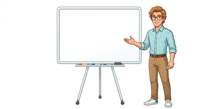 Cartoon Male Teacher with Blond Hair Presenting Beside Blank Whiteboard on Wheels
