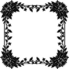 Fototapeta premium Square decorative floral border silhouette with foliage and flower elements for design.