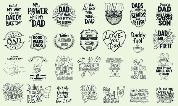 Father Of The Day Badges Collection Set Various Designs Hand Drawn Vector Illustration Art Graphic Elements
