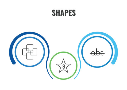 shapes outline icon set. thin line four squares, strike through, star with number three icons. editable vector