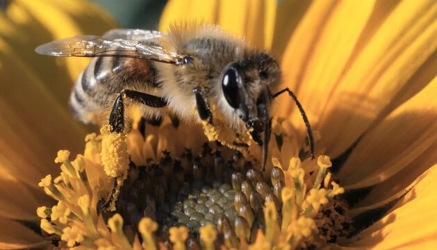 Macro closeup of a fuzzy honeybee collecting nectar and pollen on a vibrant yellow sunflower. Nature wildlife footage showing insect activity on a flower in a summer garden.