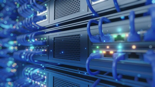 Close-up 3D render of network switch rack with blue ethernet RJ45 cables plugged in and glowing LED indicators. Data center internet infrastructure concept for IT, telecom, and cloud computing design.
